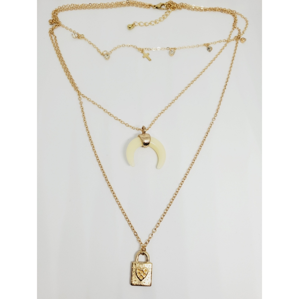 3 Pack Multilayer Horn & Padlock Necklace